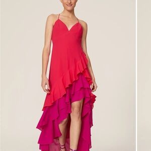 Strappy High-Low Ruffle Prom Dress in Red and Fuchsia